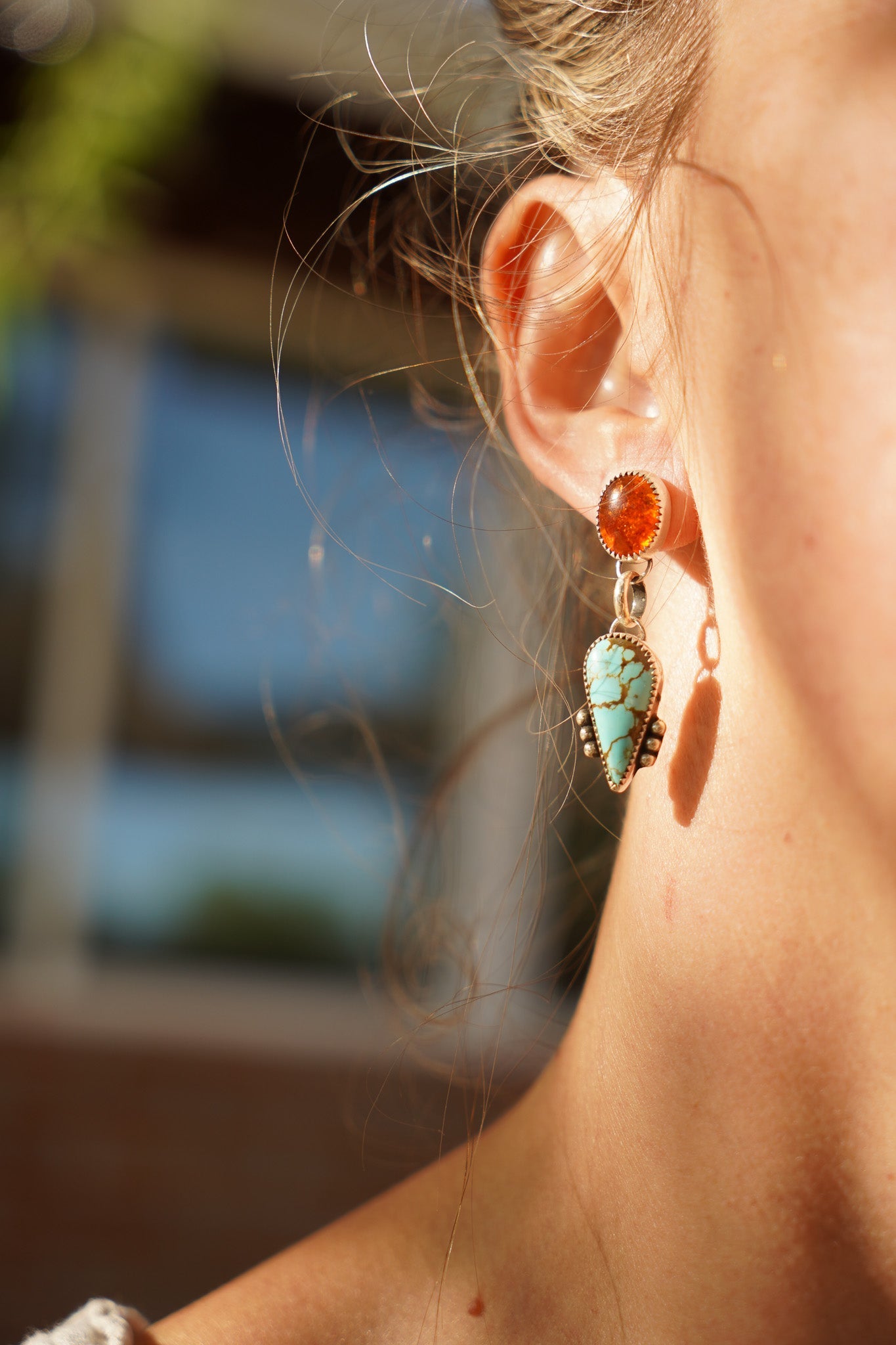 Sonoran Flower Earrings in No. 8 Turquoise & Amber - Golden Road Crafted