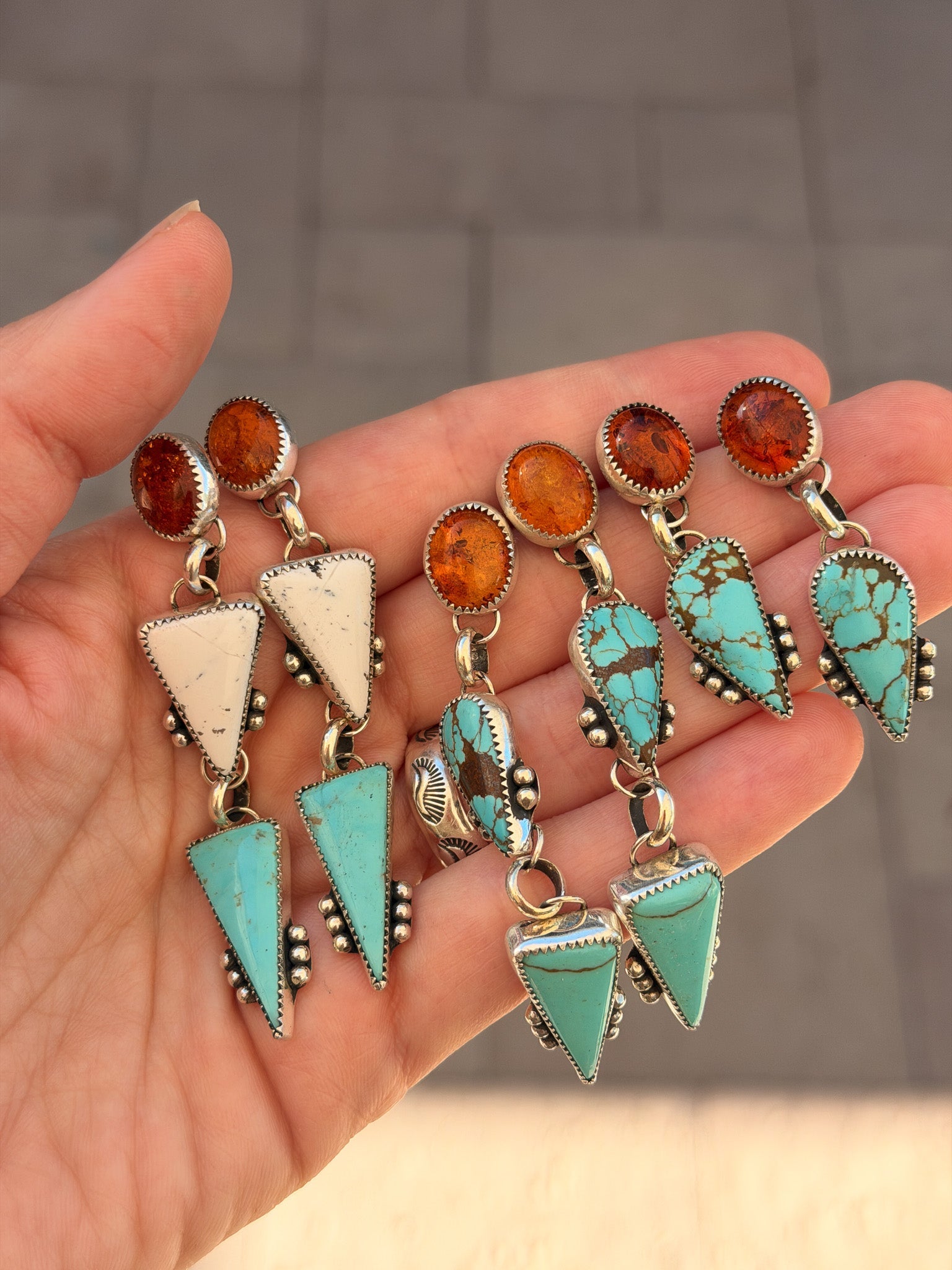 Sonoran Flower Earrings in No. 8 Turquoise, White Buffalo, & Amber - Golden Road Crafted