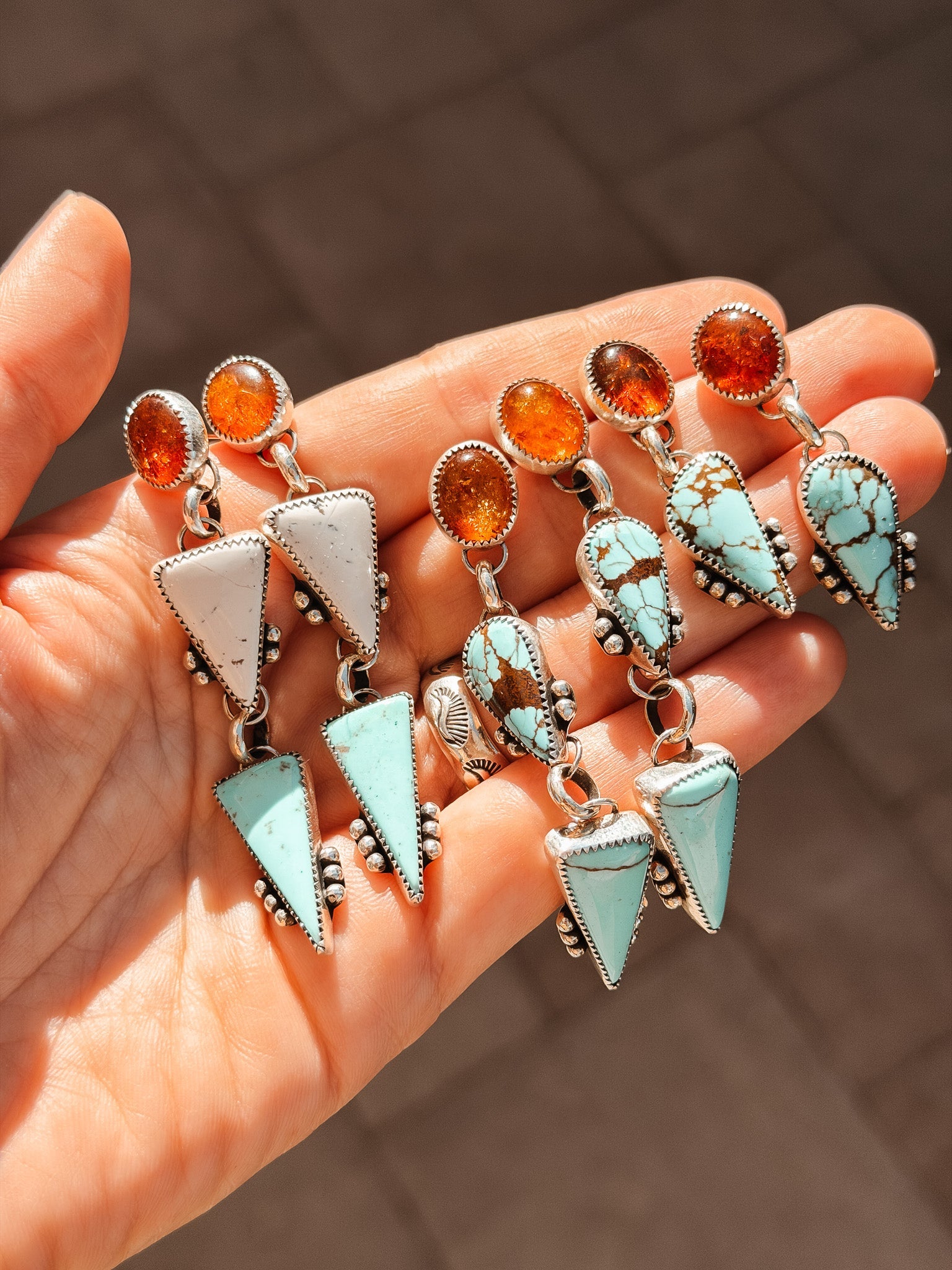 Sonoran Flower Earrings in No. 8 Turquoise, White Buffalo, & Amber - Golden Road Crafted