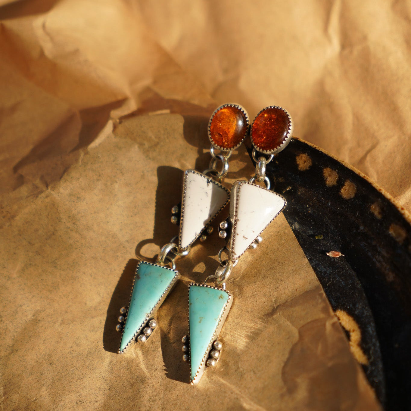 Sonoran Flower Earrings in No. 8 Turquoise, White Buffalo, & Amber - Golden Road Crafted