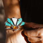 Sonoran Flowers Cuff in No. 8, White Buffalo, & Amber - Golden Road Crafted