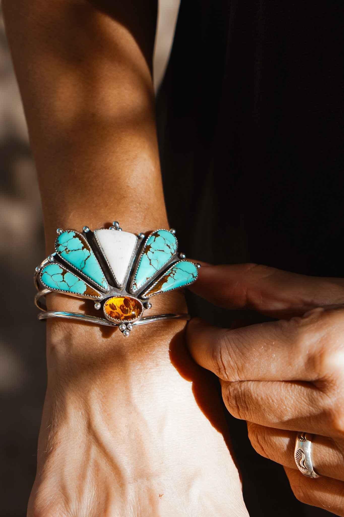 Sonoran Flowers Cuff in No. 8, White Buffalo, & Amber - Golden Road Crafted