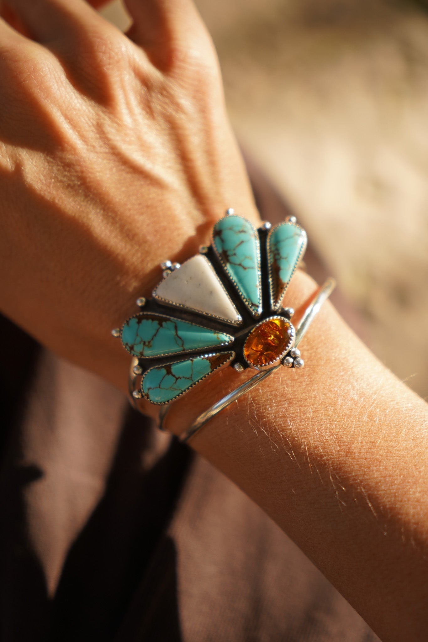 Sonoran Flowers Cuff in No. 8, White Buffalo, & Amber - Golden Road Crafted