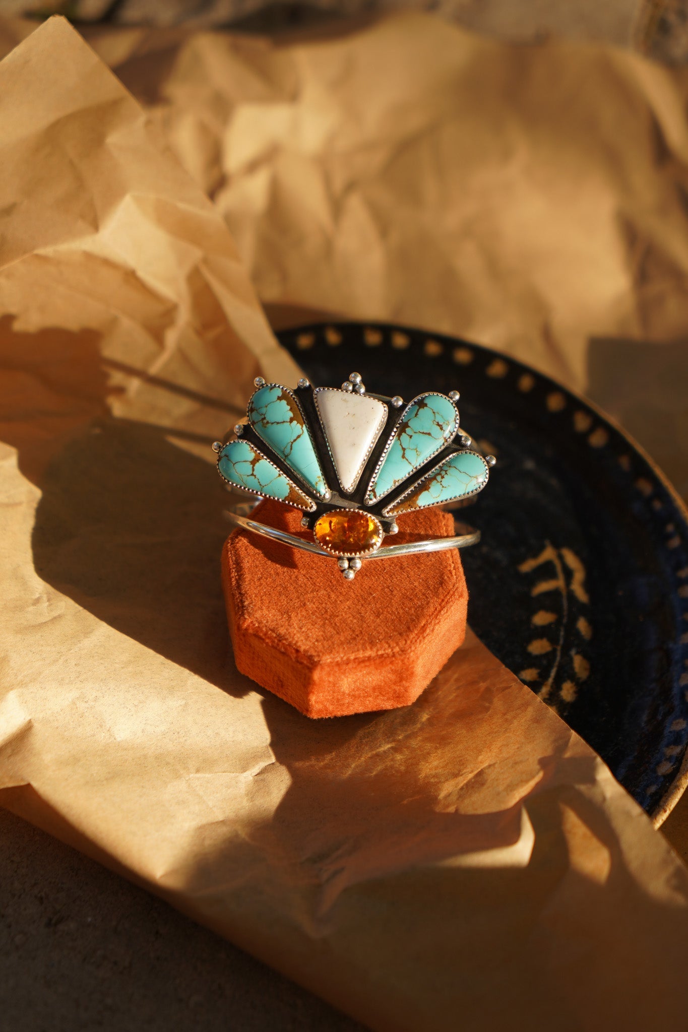 Sonoran Flowers Cuff in No. 8, White Buffalo, & Amber - Golden Road Crafted