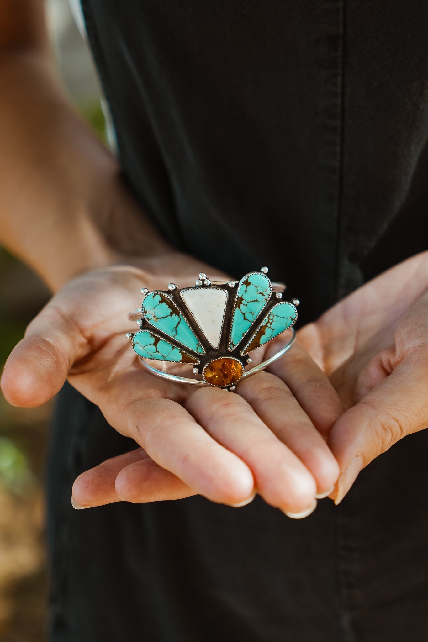 Sonoran Flowers Cuff in No. 8, White Buffalo, & Amber - Golden Road Crafted