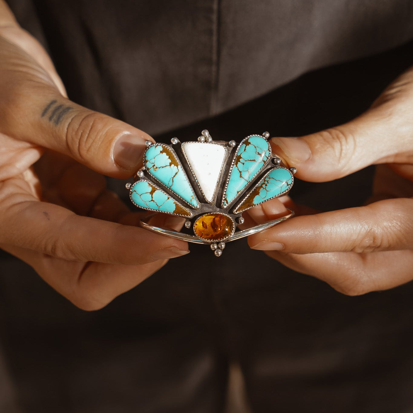 Sonoran Flowers Cuff in No. 8, White Buffalo, & Amber - Golden Road Crafted
