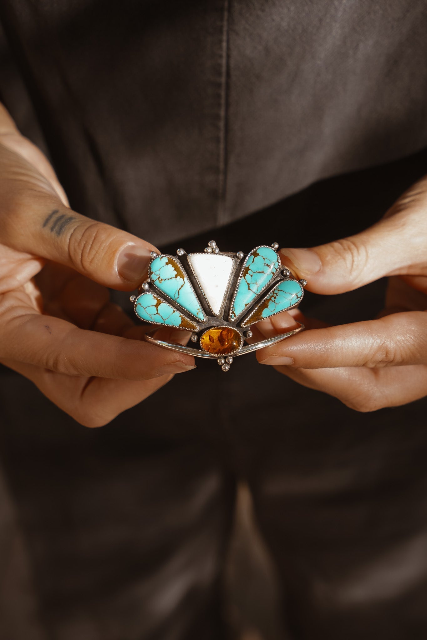 Sonoran Flowers Cuff in No. 8, White Buffalo, & Amber - Golden Road Crafted