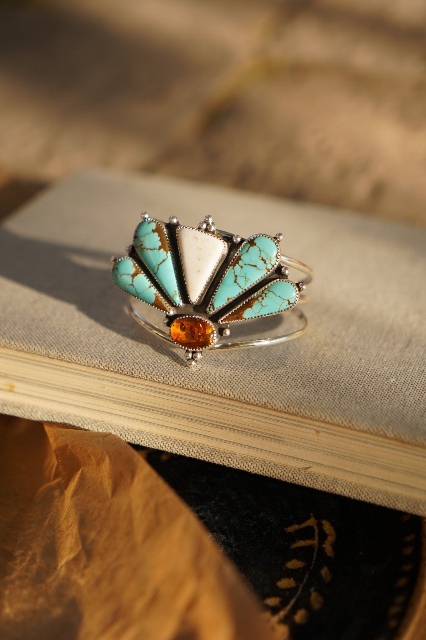Sonoran Flowers Cuff in No. 8, White Buffalo, & Amber - Golden Road Crafted
