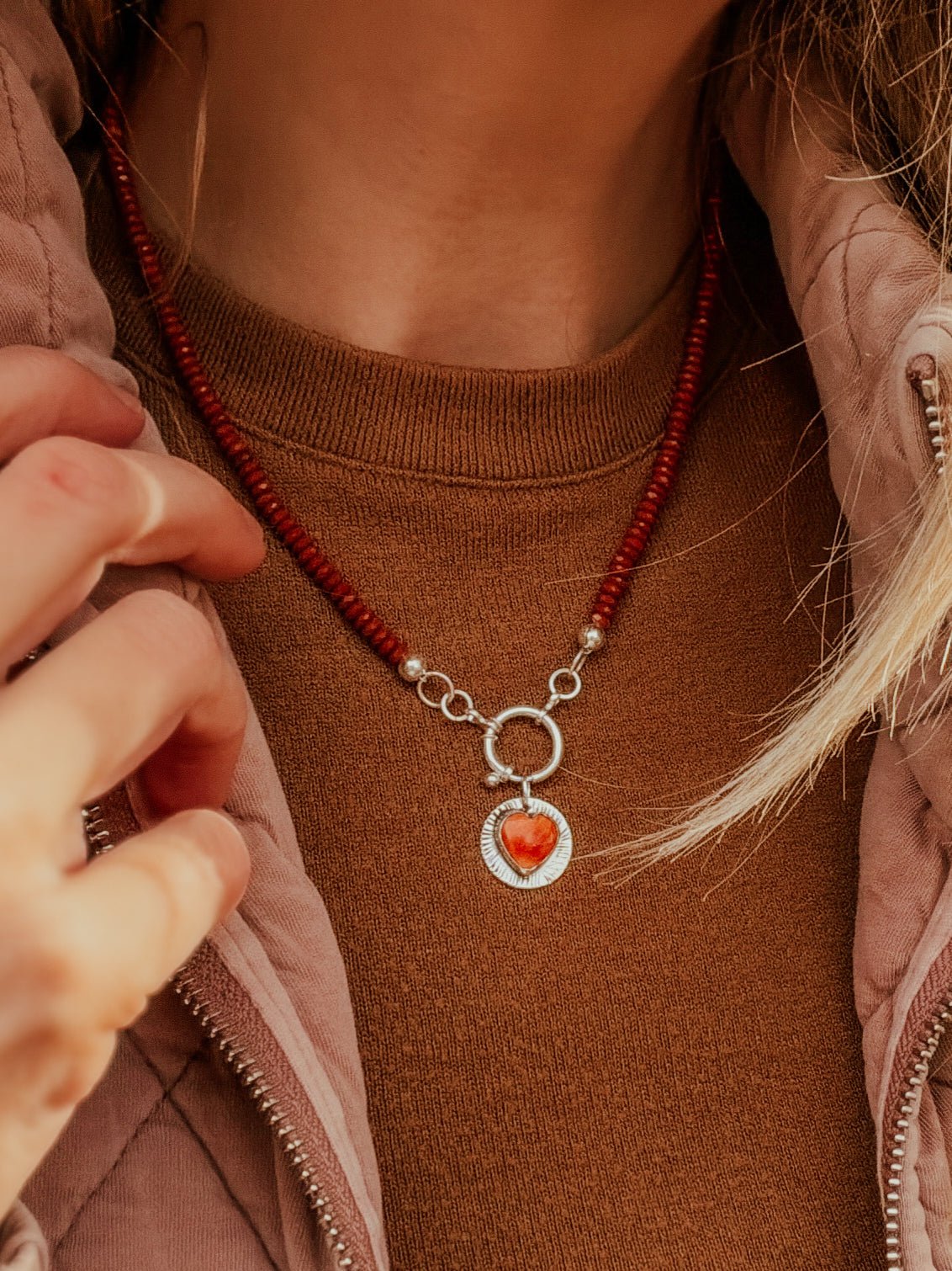 Spiny Oyster Heart Necklace w/ Red Jasper - Golden Road Crafted