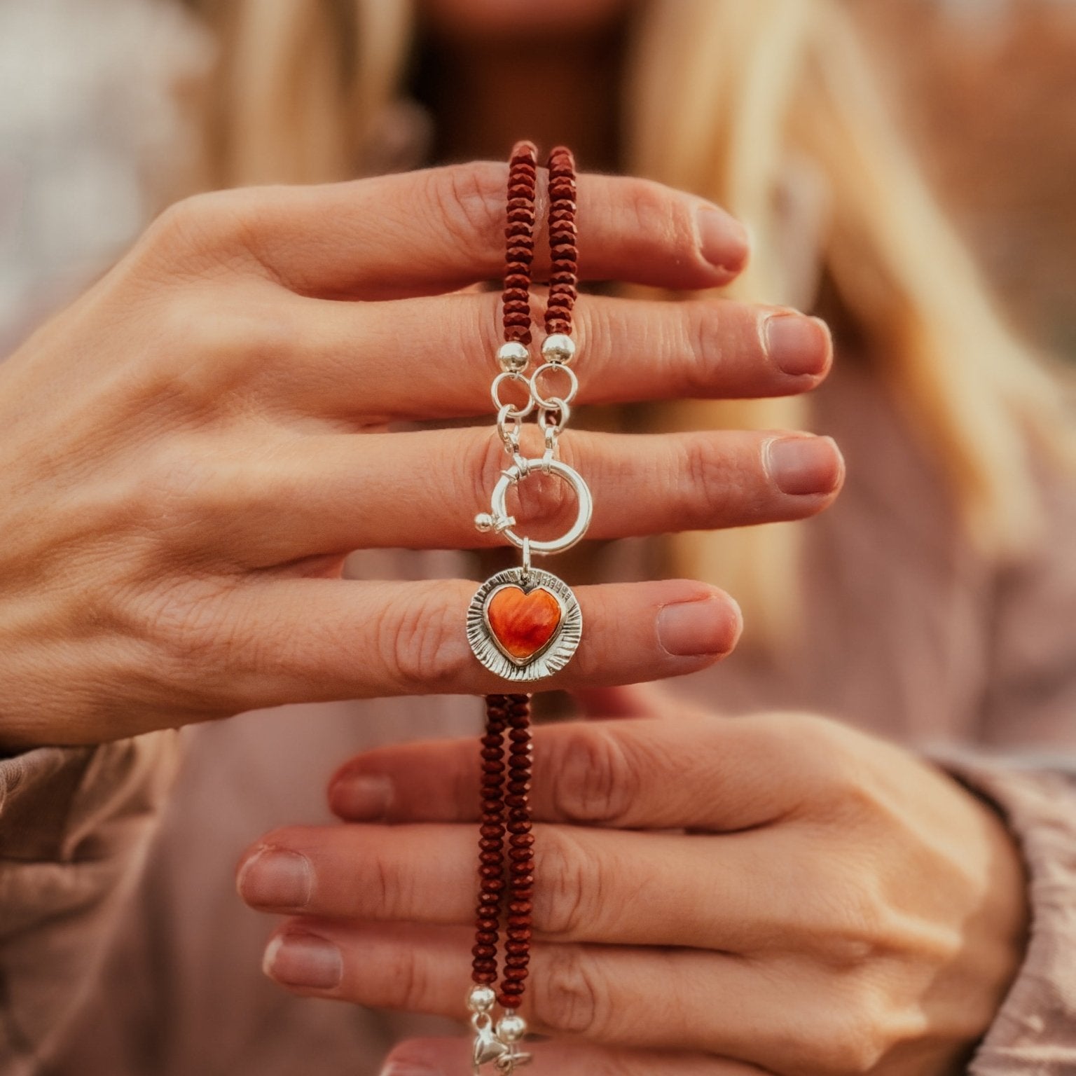 Spiny Oyster Heart Necklace w/ Red Jasper - Golden Road Crafted