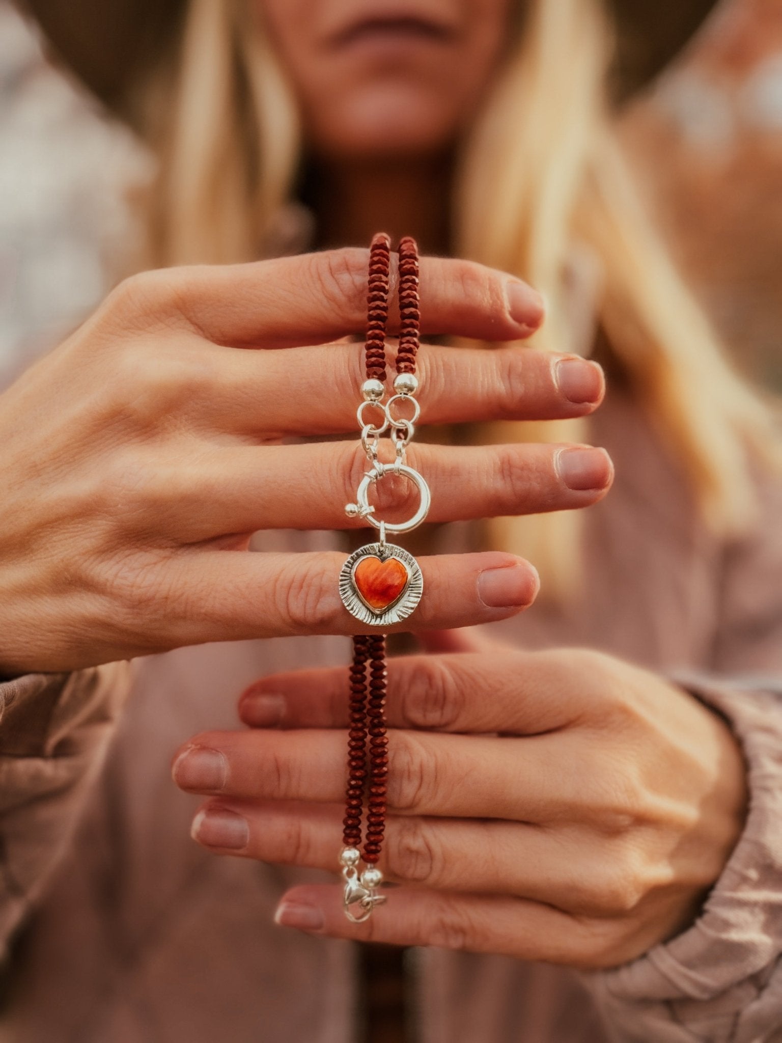 Spiny Oyster Heart Necklace w/ Red Jasper - Golden Road Crafted
