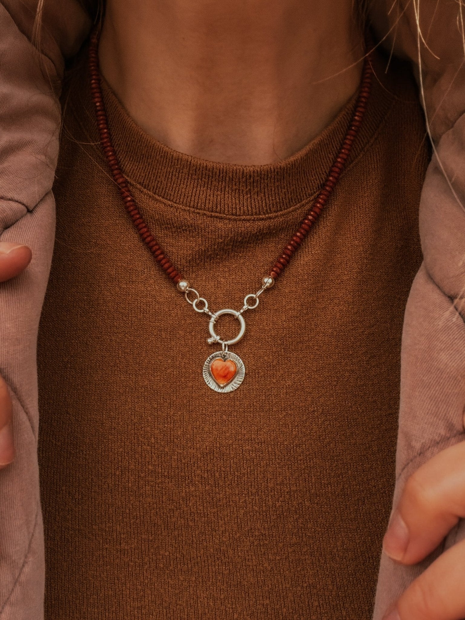 Spiny Oyster Heart Necklace w/ Red Jasper - Golden Road Crafted