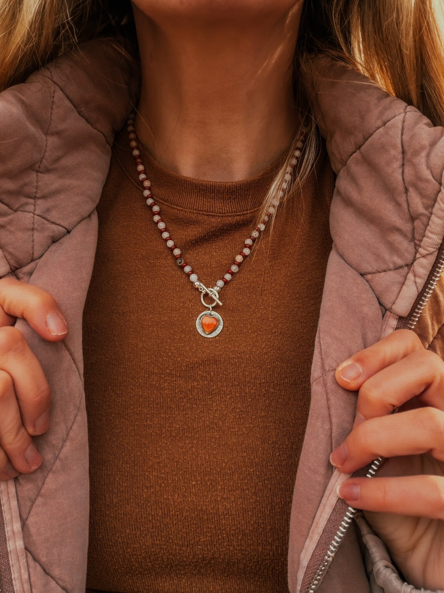 Spiny Oyster Heart Necklace w/ Red Jasper & Agate Beads - Golden Road Crafted