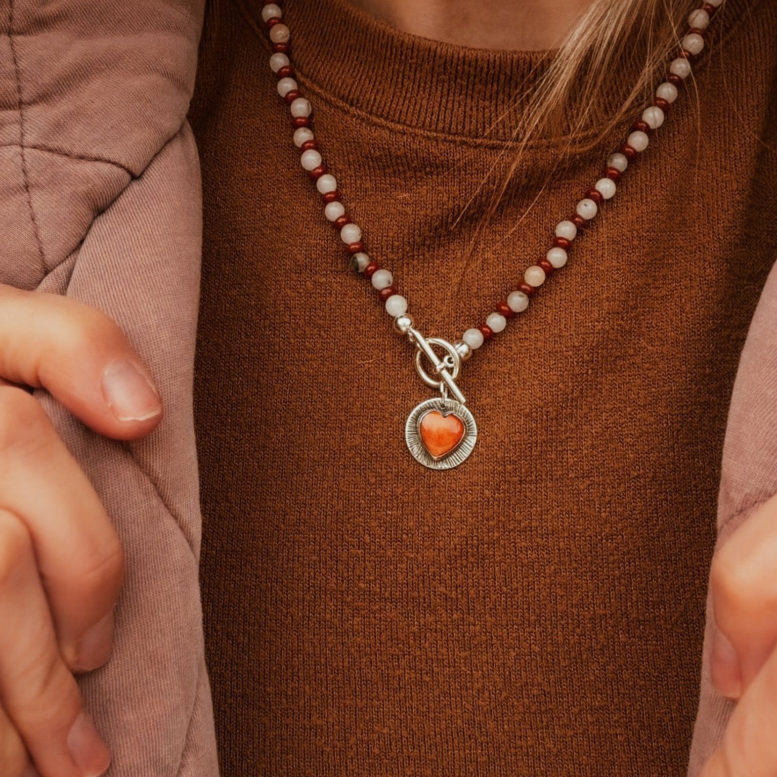 Spiny Oyster Heart Necklace w/ Red Jasper & Agate Beads - Golden Road Crafted