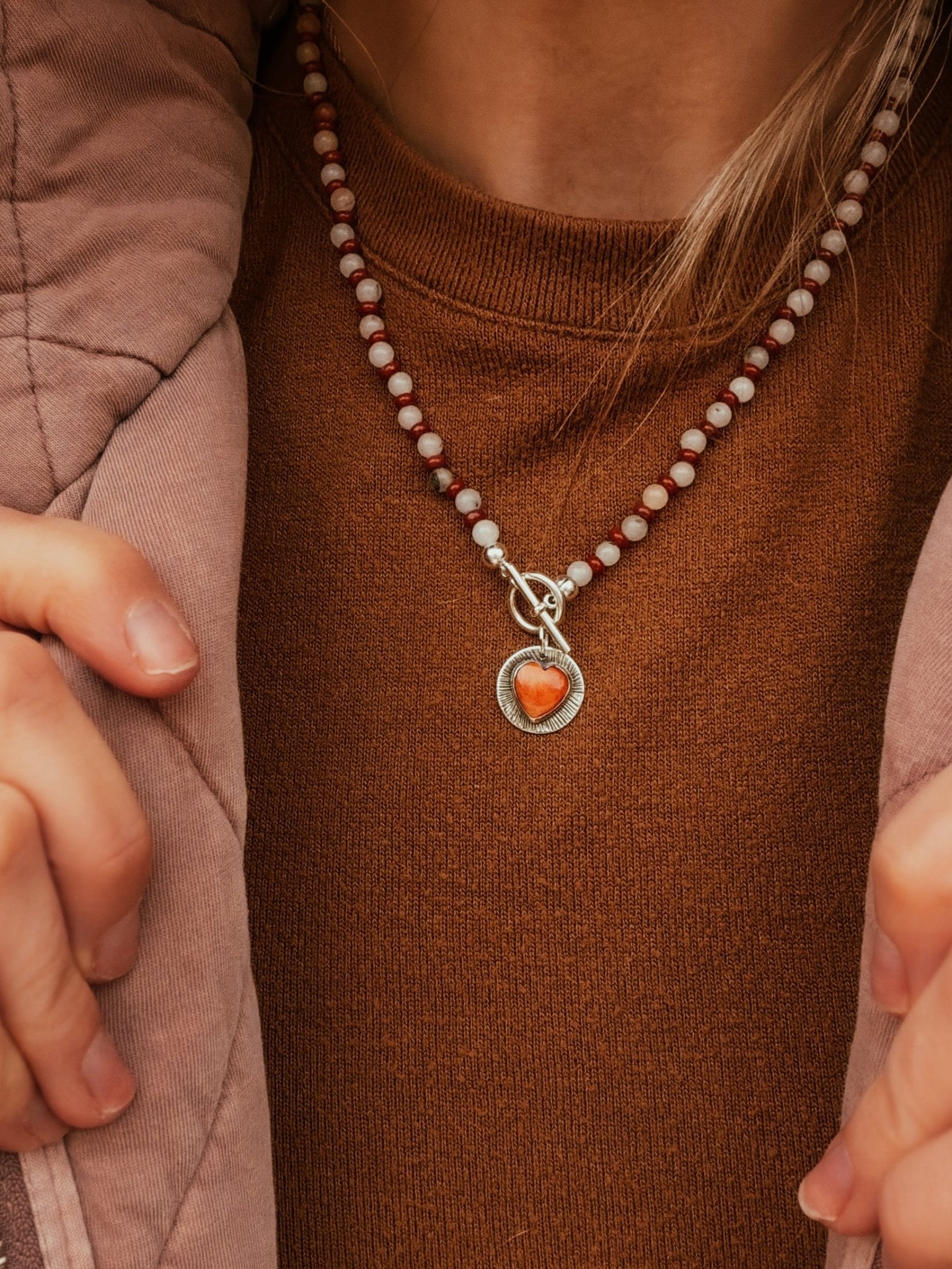 Spiny Oyster Heart Necklace w/ Red Jasper & Agate Beads - Golden Road Crafted