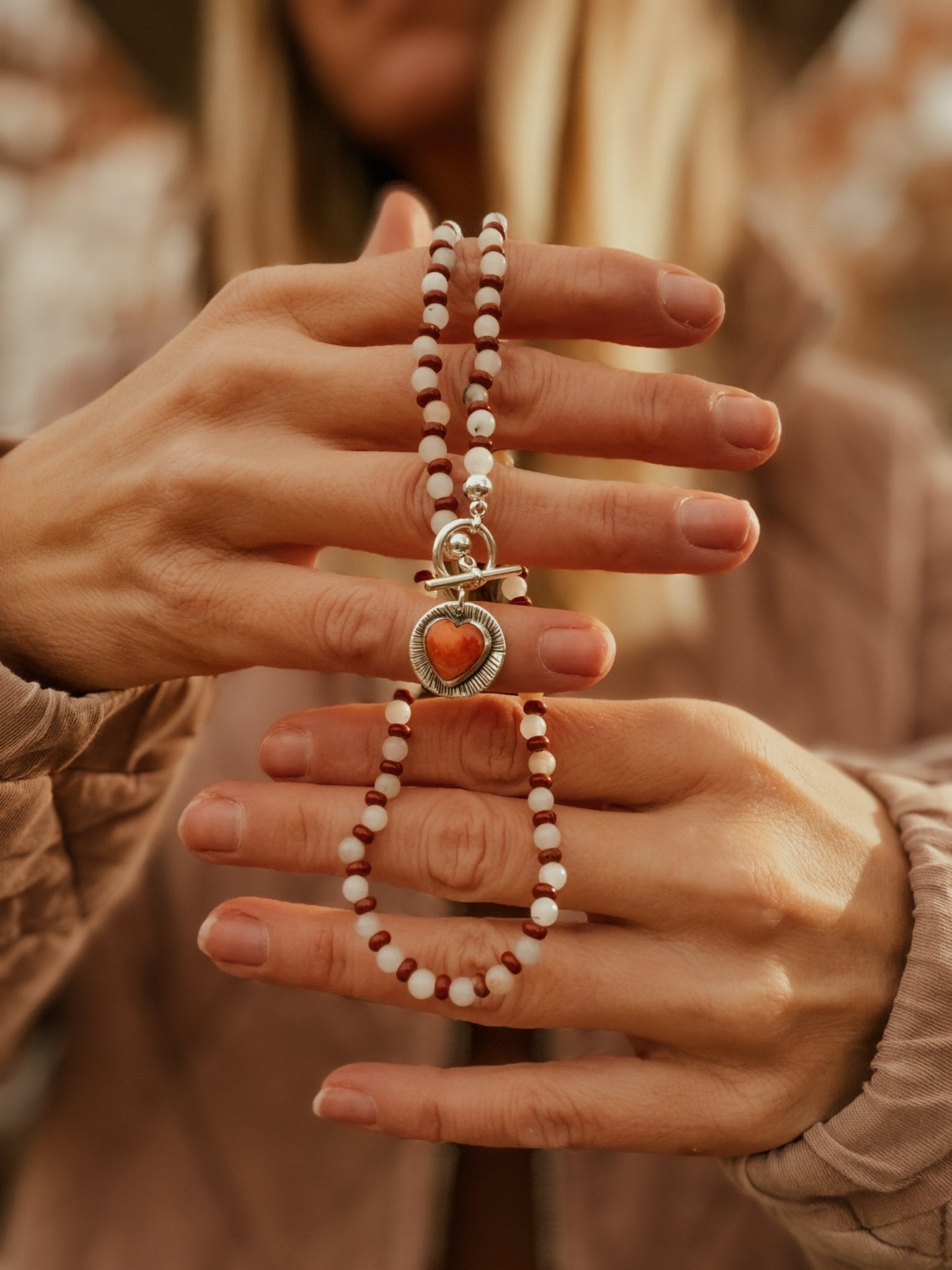 Spiny Oyster Heart Necklace w/ Red Jasper & Agate Beads - Golden Road Crafted