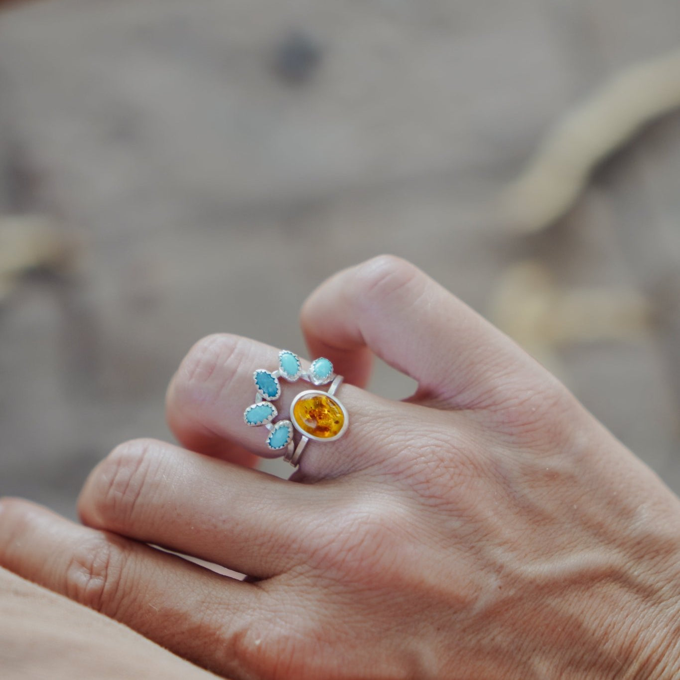 Stacker Ring in Amber & Lone Mtn Turquoise (Size 6) - Golden Road Crafted