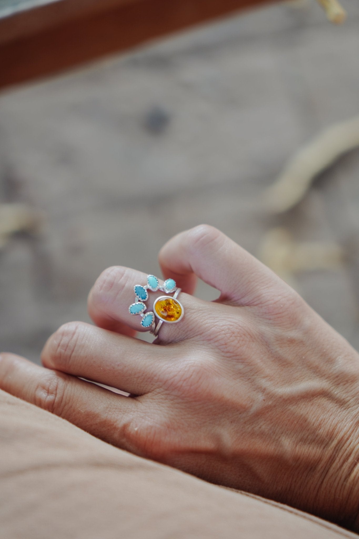 Stacker Ring in Amber & Lone Mtn Turquoise (Size 6) - Golden Road Crafted