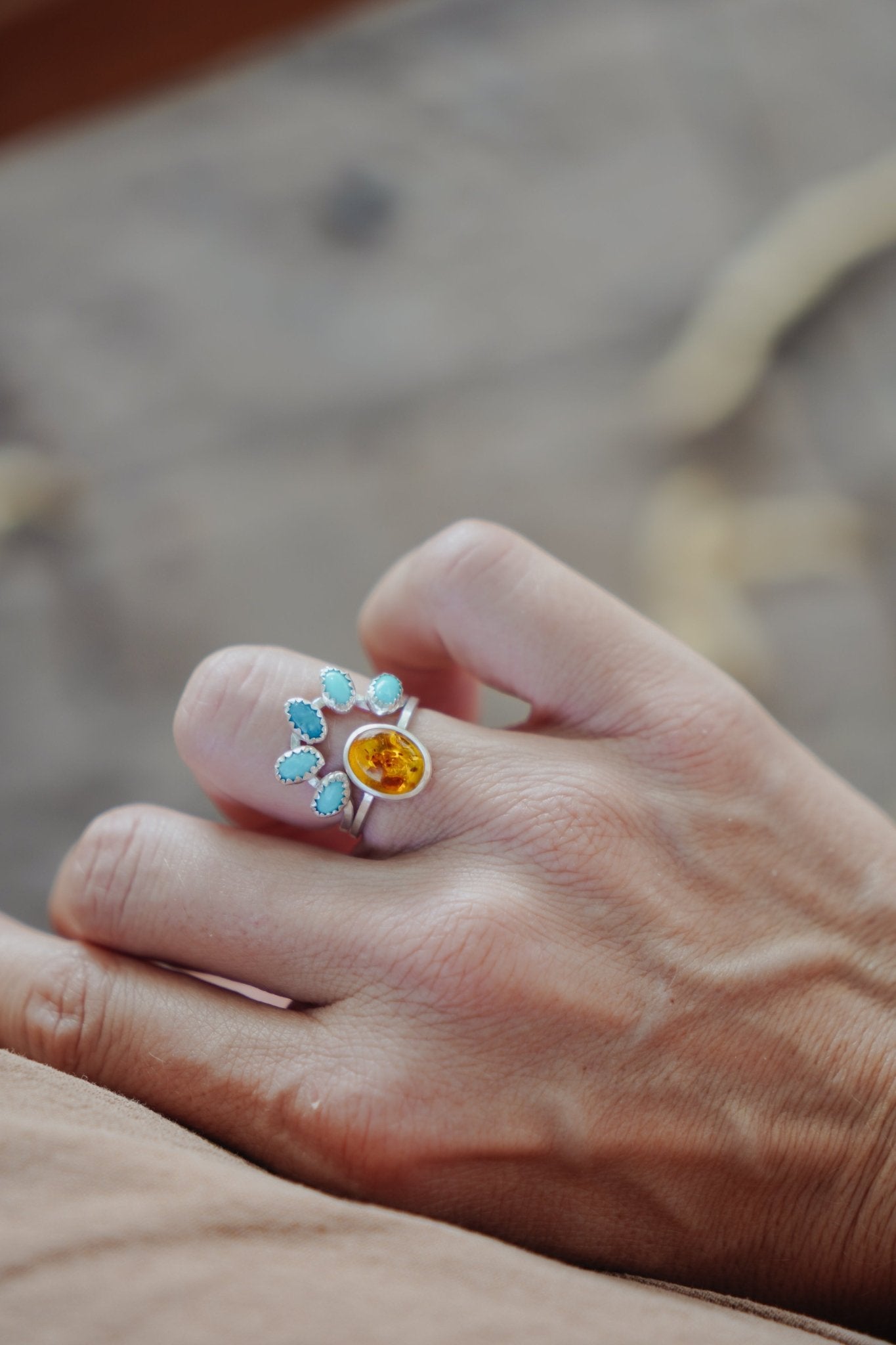 Stacker Ring in Amber & Lone Mtn Turquoise (Size 6) - Golden Road Crafted