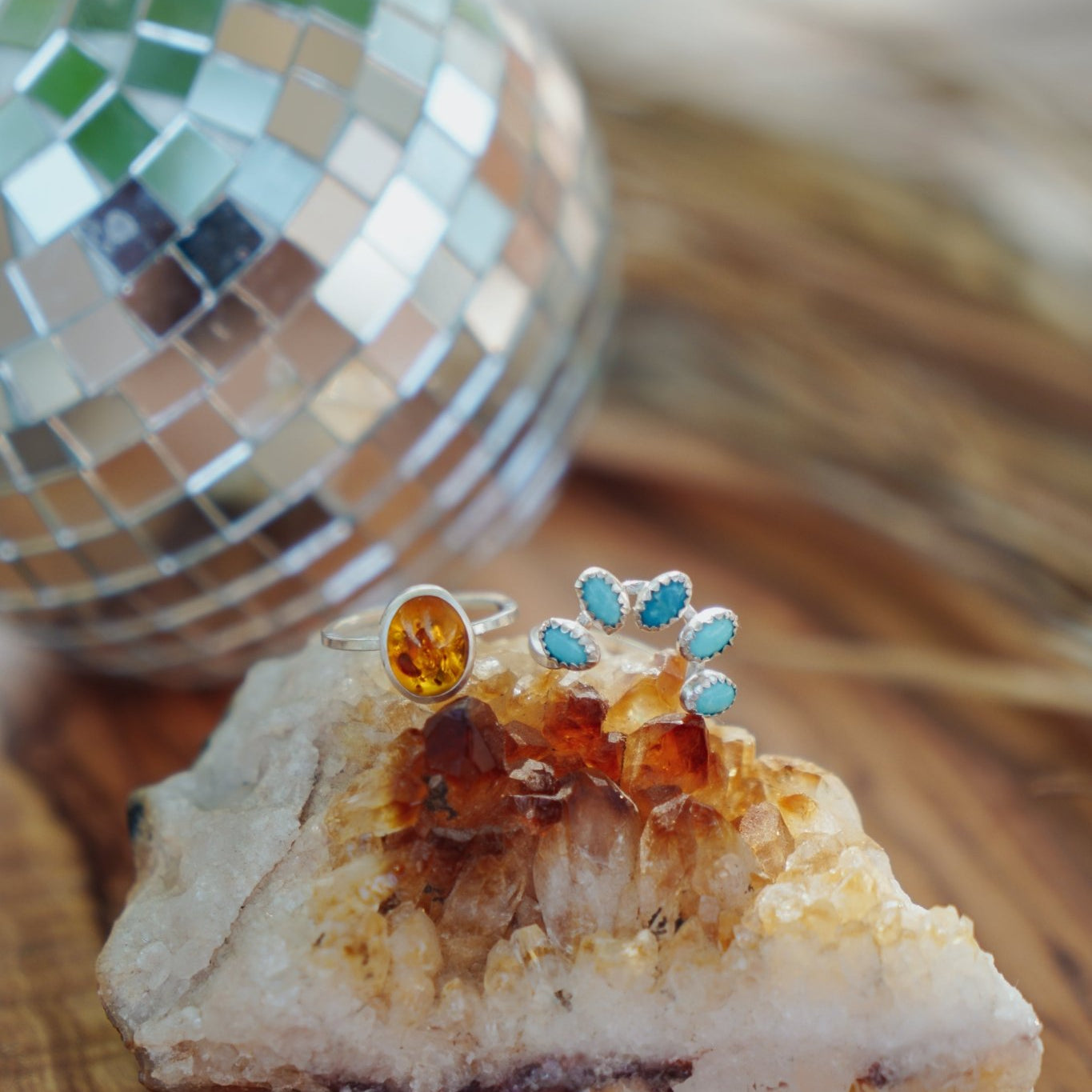 Stacker Ring in Amber & Lone Mtn Turquoise (Size 6) - Golden Road Crafted