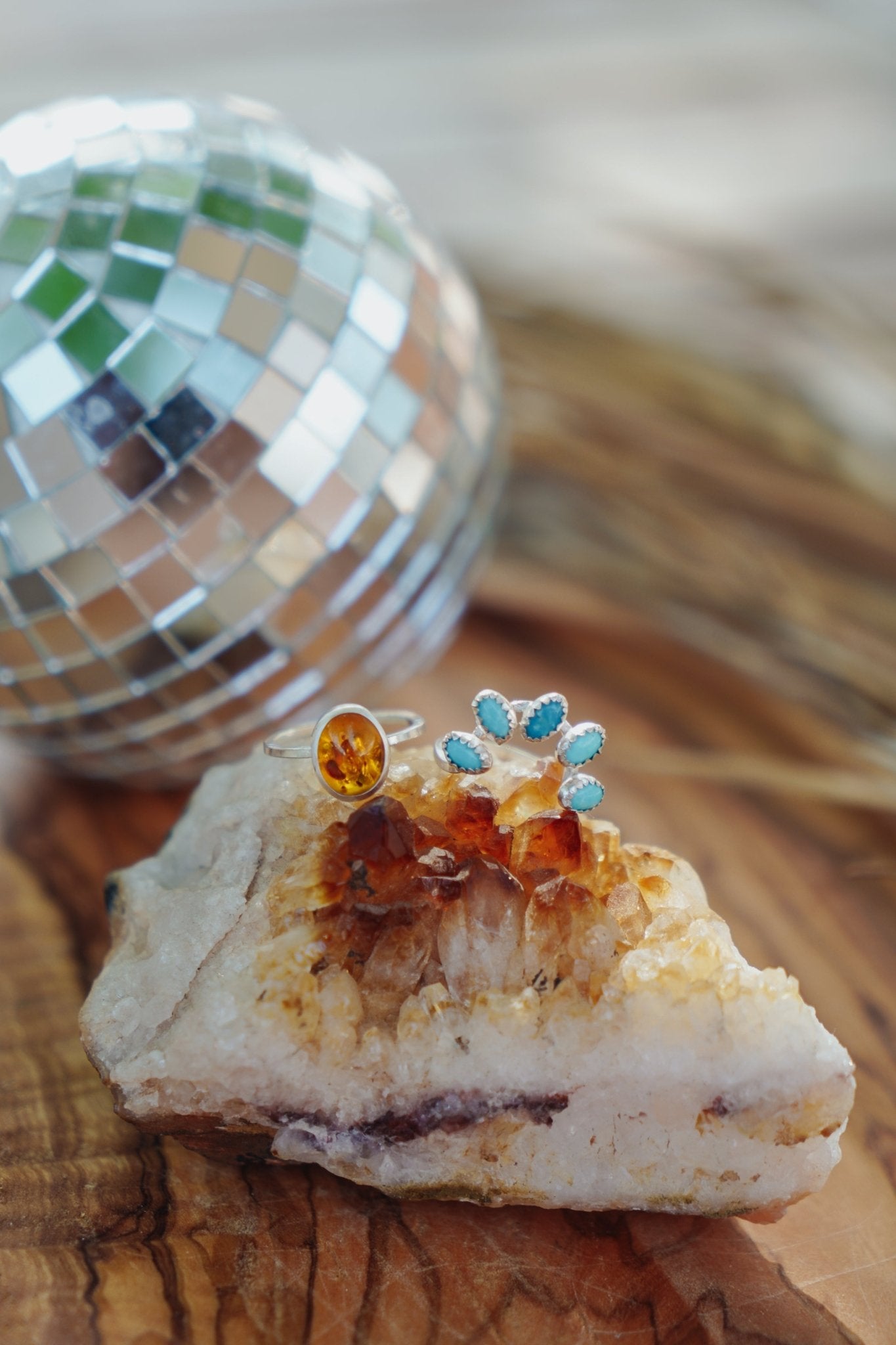Stacker Ring in Amber & Lone Mtn Turquoise (Size 6) - Golden Road Crafted