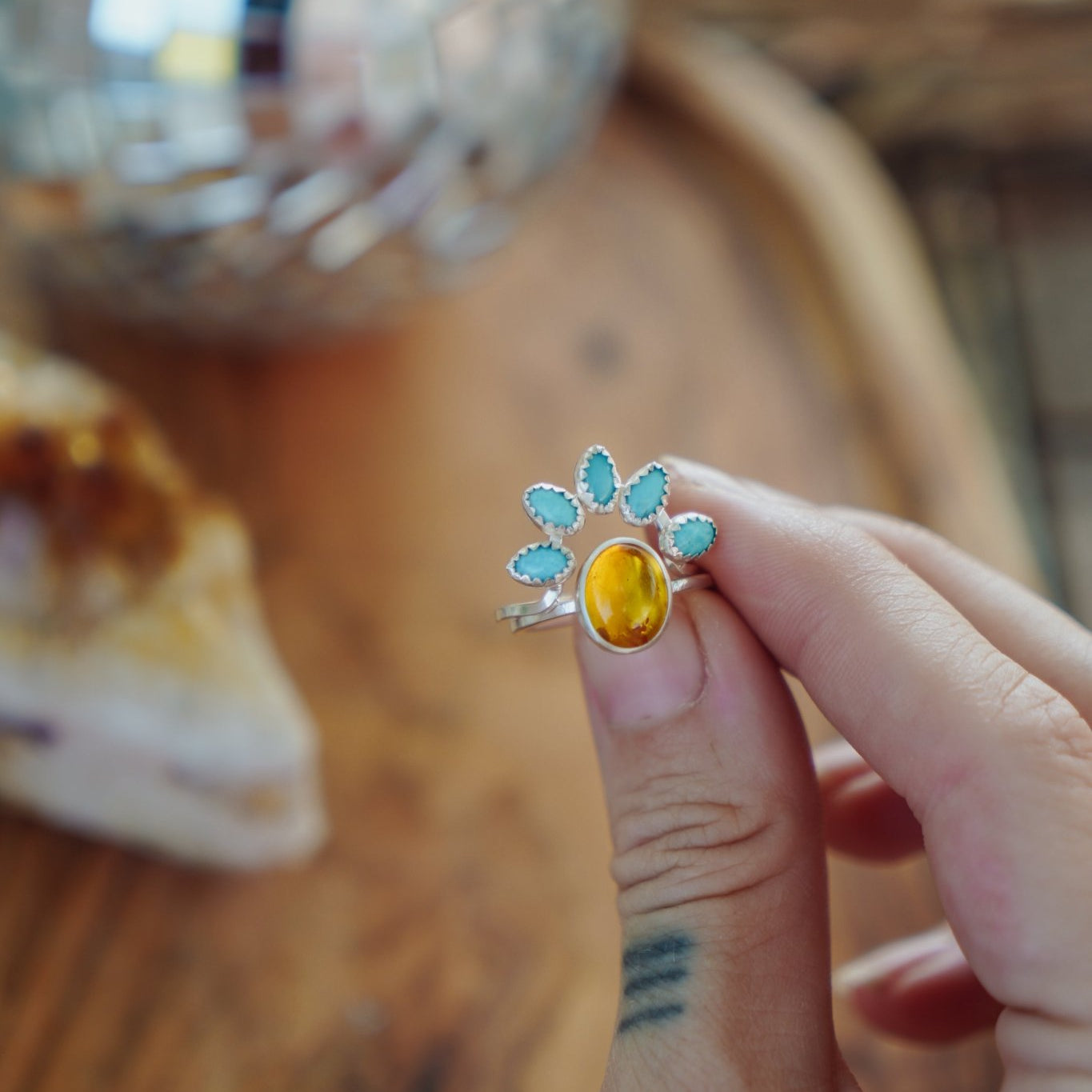 Stacker Ring in Amber & Lone Mtn Turquoise (Size 7.5) - Golden Road Crafted