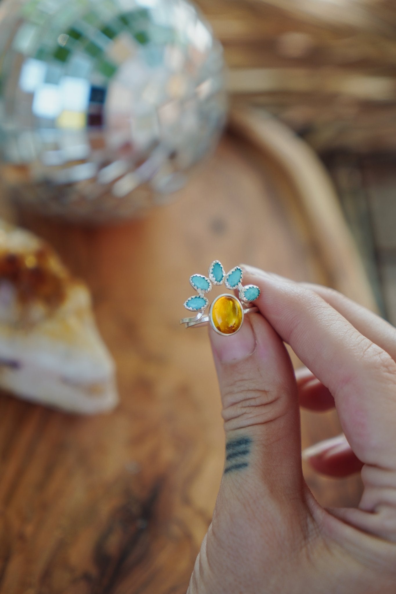 Stacker Ring in Amber & Lone Mtn Turquoise (Size 7.5) - Golden Road Crafted