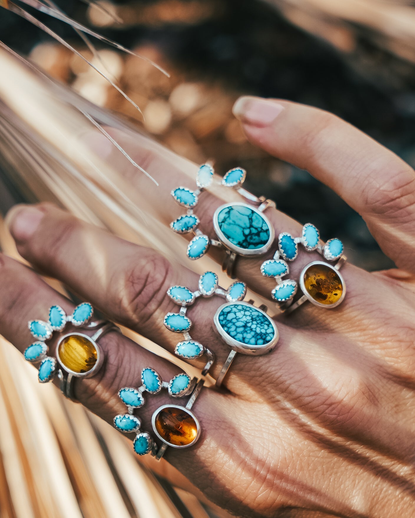 Stacker Ring in Amber & Lone Mtn Turquoise (Size 7.5) - Golden Road Crafted