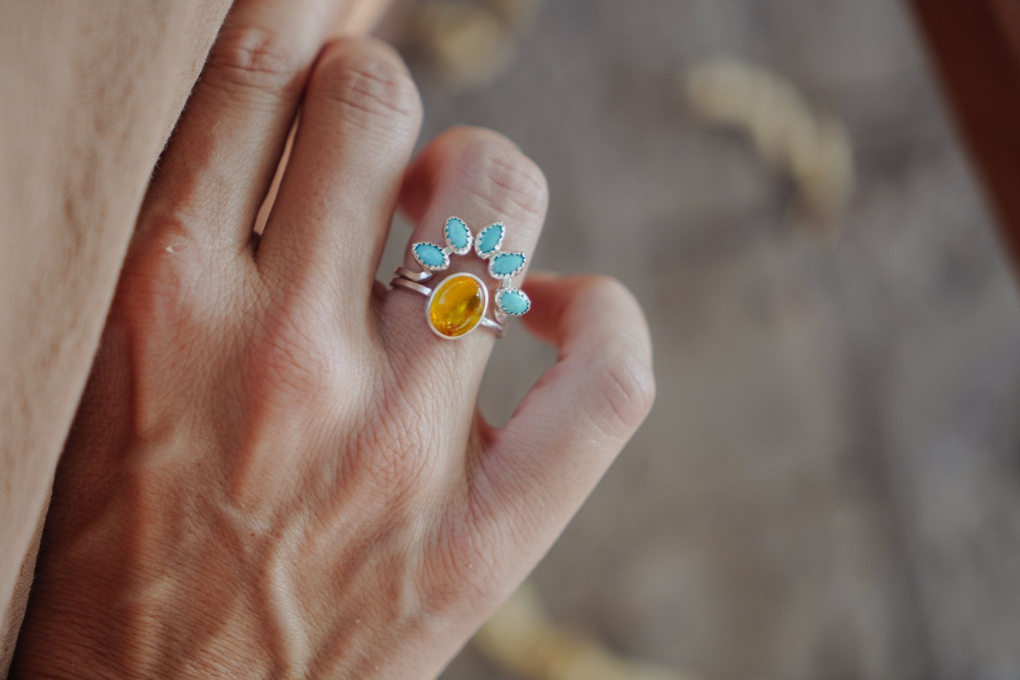 Stacker Ring in Amber & Lone Mtn Turquoise (Size 7.5) - Golden Road Crafted