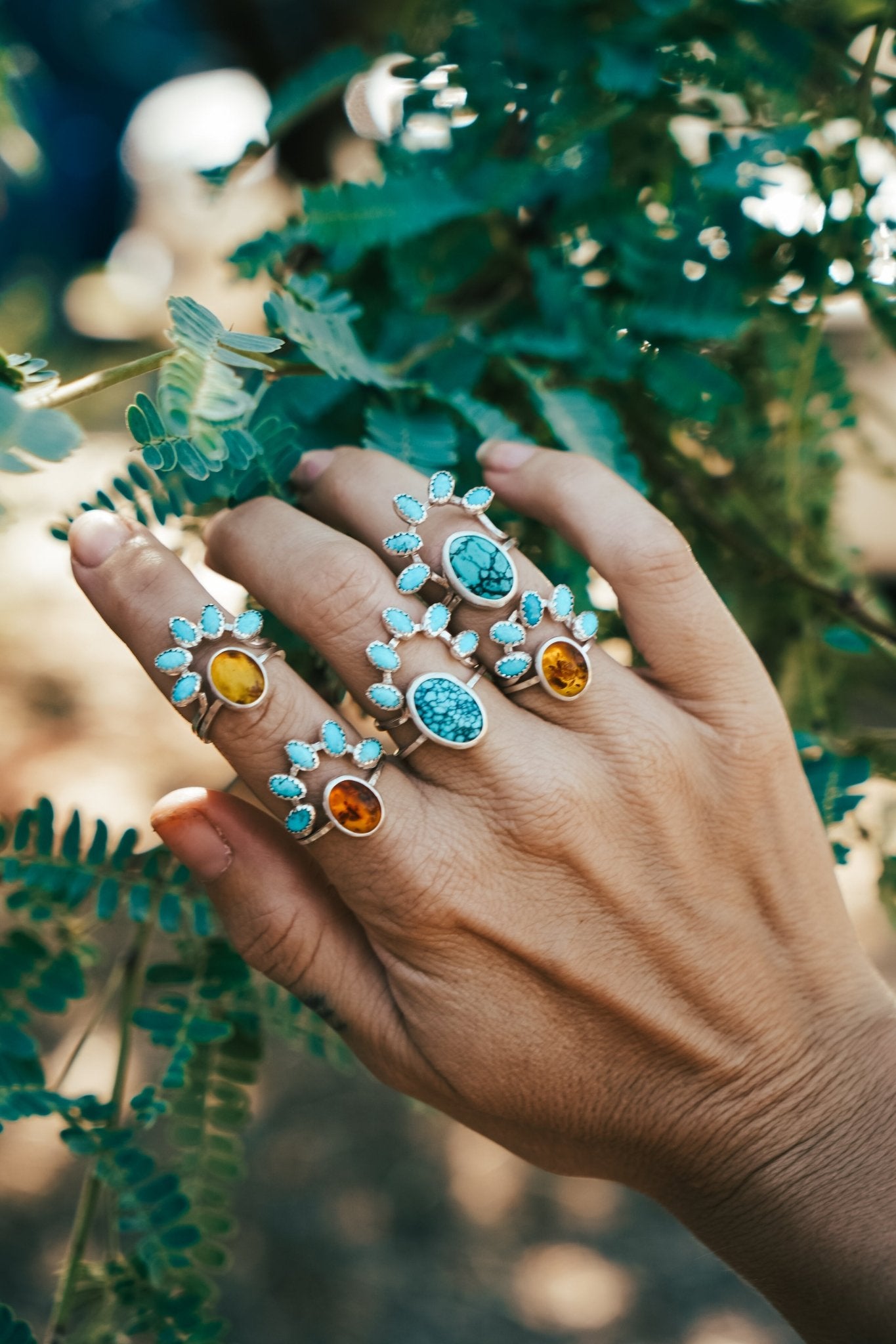 Stacker Ring in Amber & Lone Mtn Turquoise (Size 7.5) - Golden Road Crafted