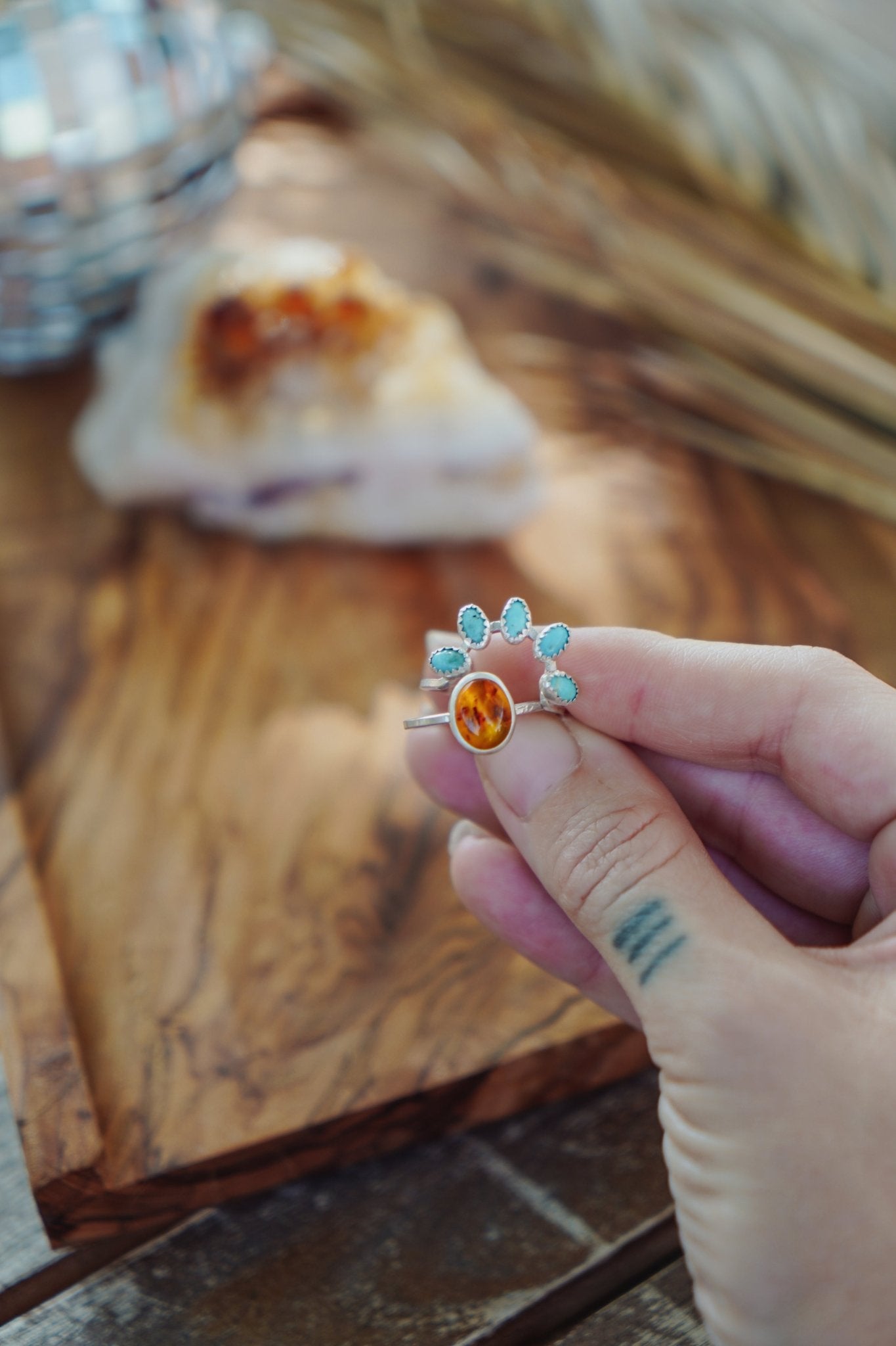 Stacker Ring in Amber & Lone Mtn Turquoise (Size 8) - Golden Road Crafted