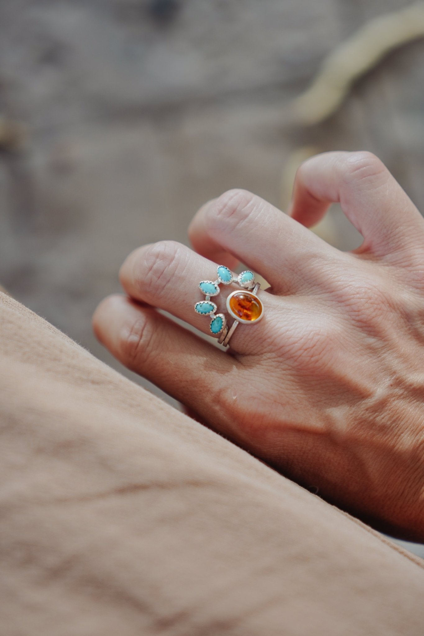 Stacker Ring in Amber & Lone Mtn Turquoise (Size 8) - Golden Road Crafted