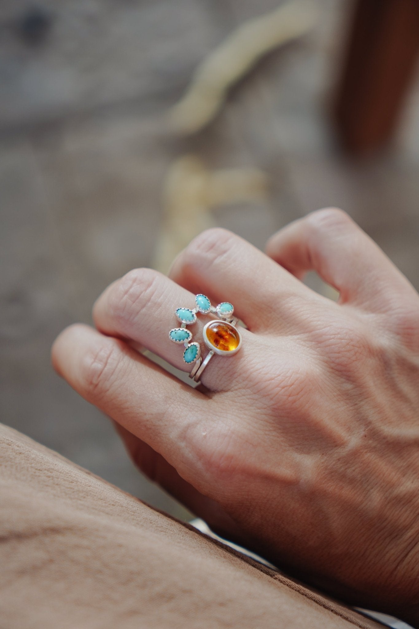Stacker Ring in Amber & Lone Mtn Turquoise (Size 8) - Golden Road Crafted