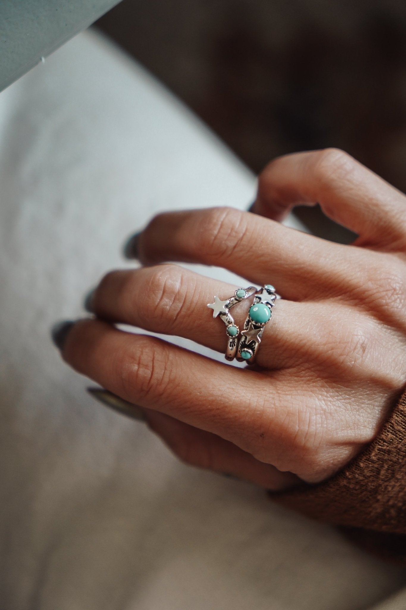 Stacker Ring Set in Hubei + Lone Mountain Turquoise (Size 7) - Golden Road Crafted