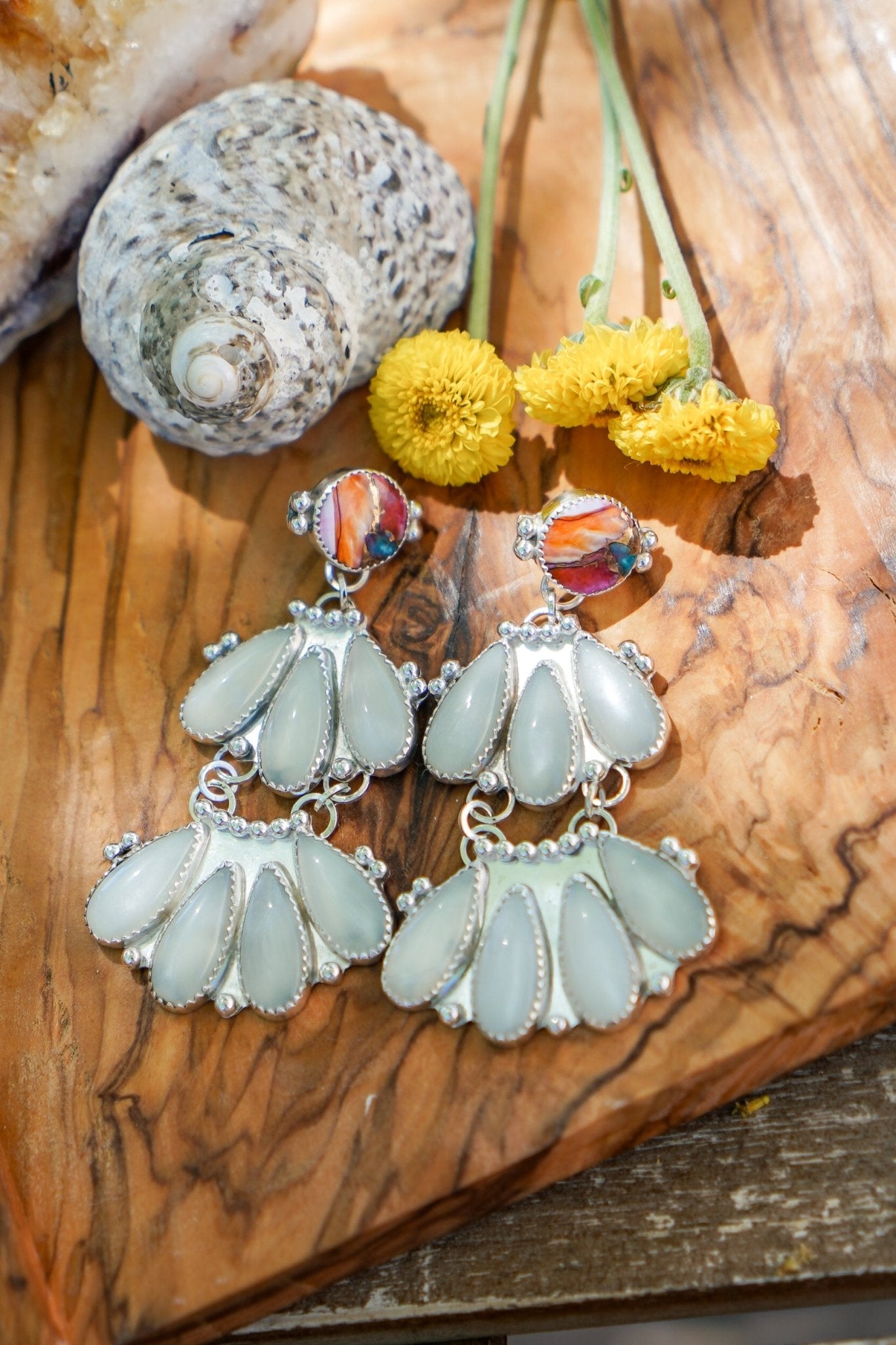 Statement Chandelier Earrings in Spiny Oyster & Moonstone - Golden Road Crafted