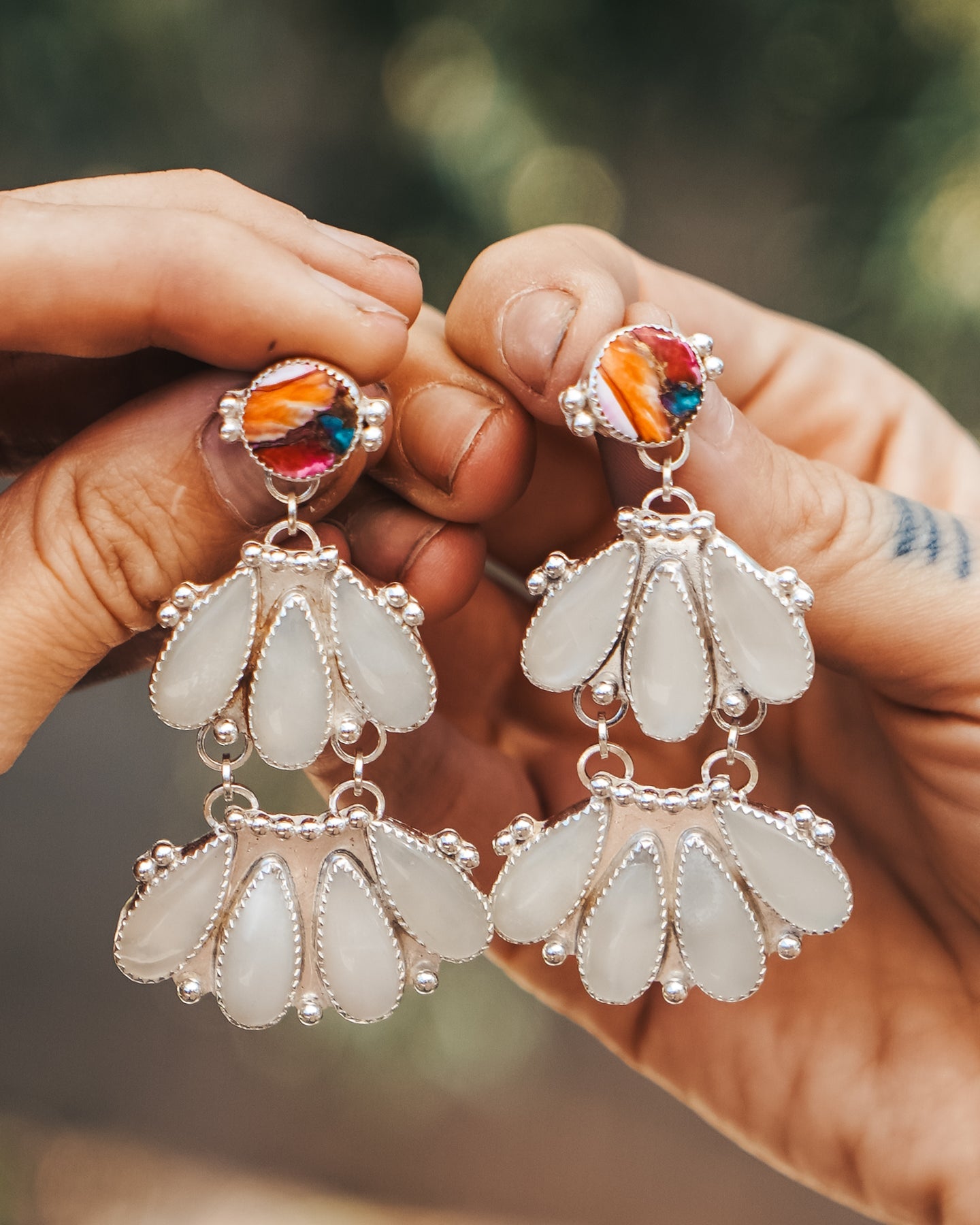 Statement Chandelier Earrings in Spiny Oyster & Moonstone - Golden Road Crafted