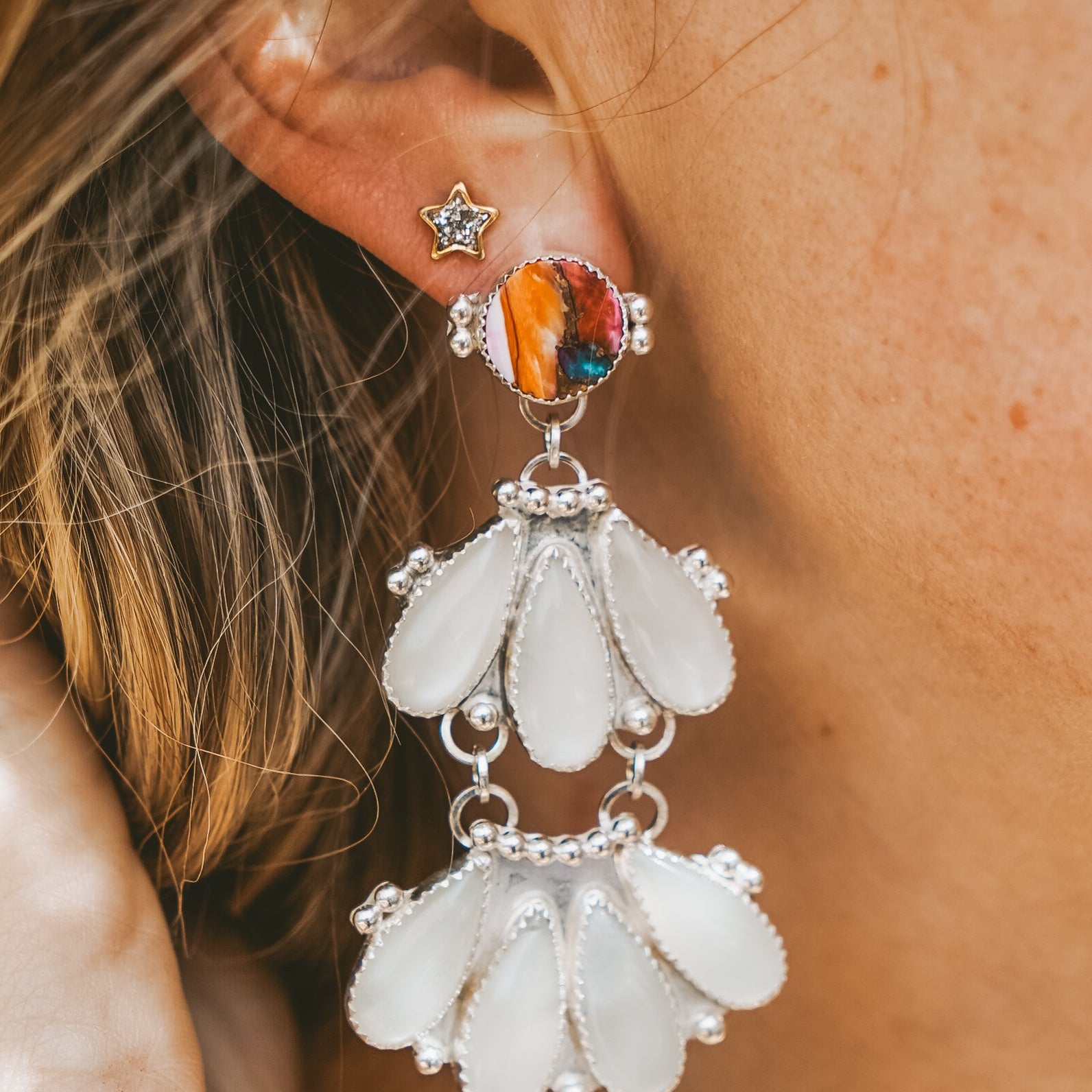 Statement Chandelier Earrings in Spiny Oyster & Moonstone - Golden Road Crafted