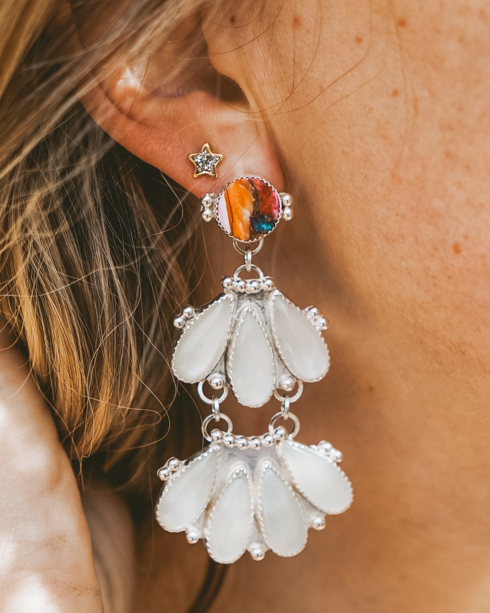Statement Chandelier Earrings in Spiny Oyster & Moonstone - Golden Road Crafted