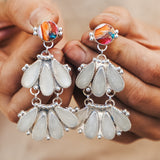 Statement Chandelier Earrings in Spiny Oyster & Moonstone - Golden Road Crafted
