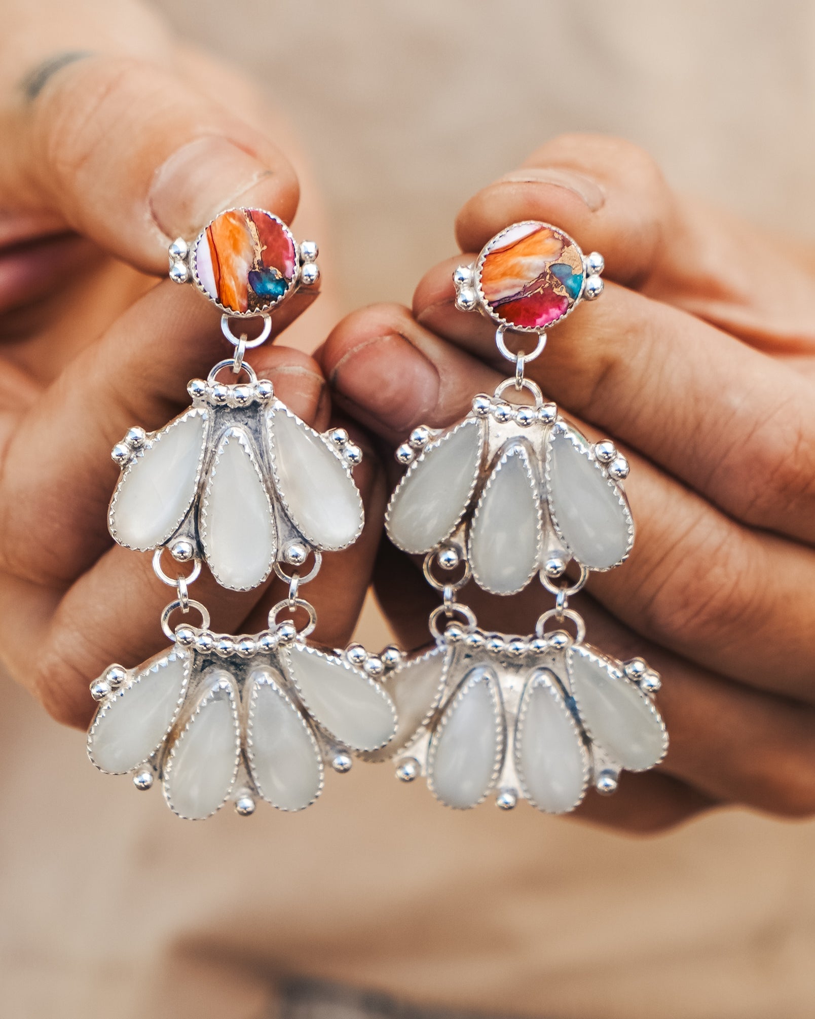 Statement Chandelier Earrings in Spiny Oyster & Moonstone - Golden Road Crafted