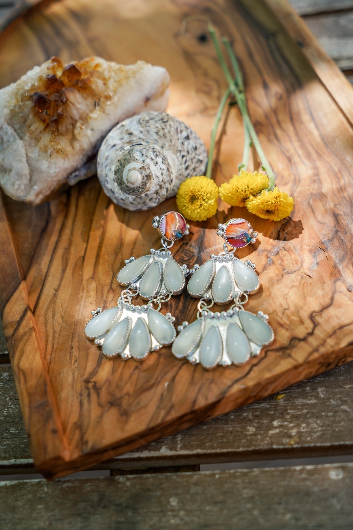 Statement Chandelier Earrings in Spiny Oyster & Moonstone - Golden Road Crafted