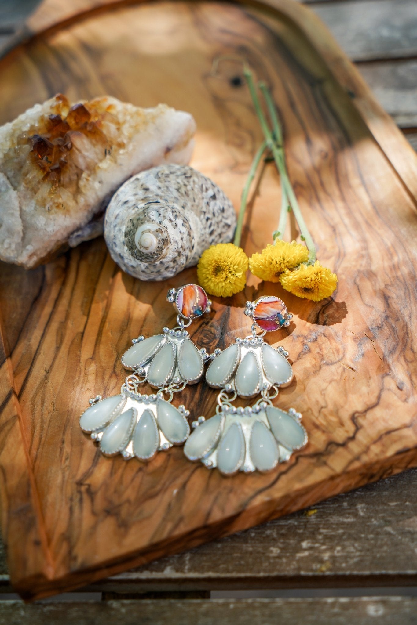 Statement Chandelier Earrings in Spiny Oyster & Moonstone - Golden Road Crafted