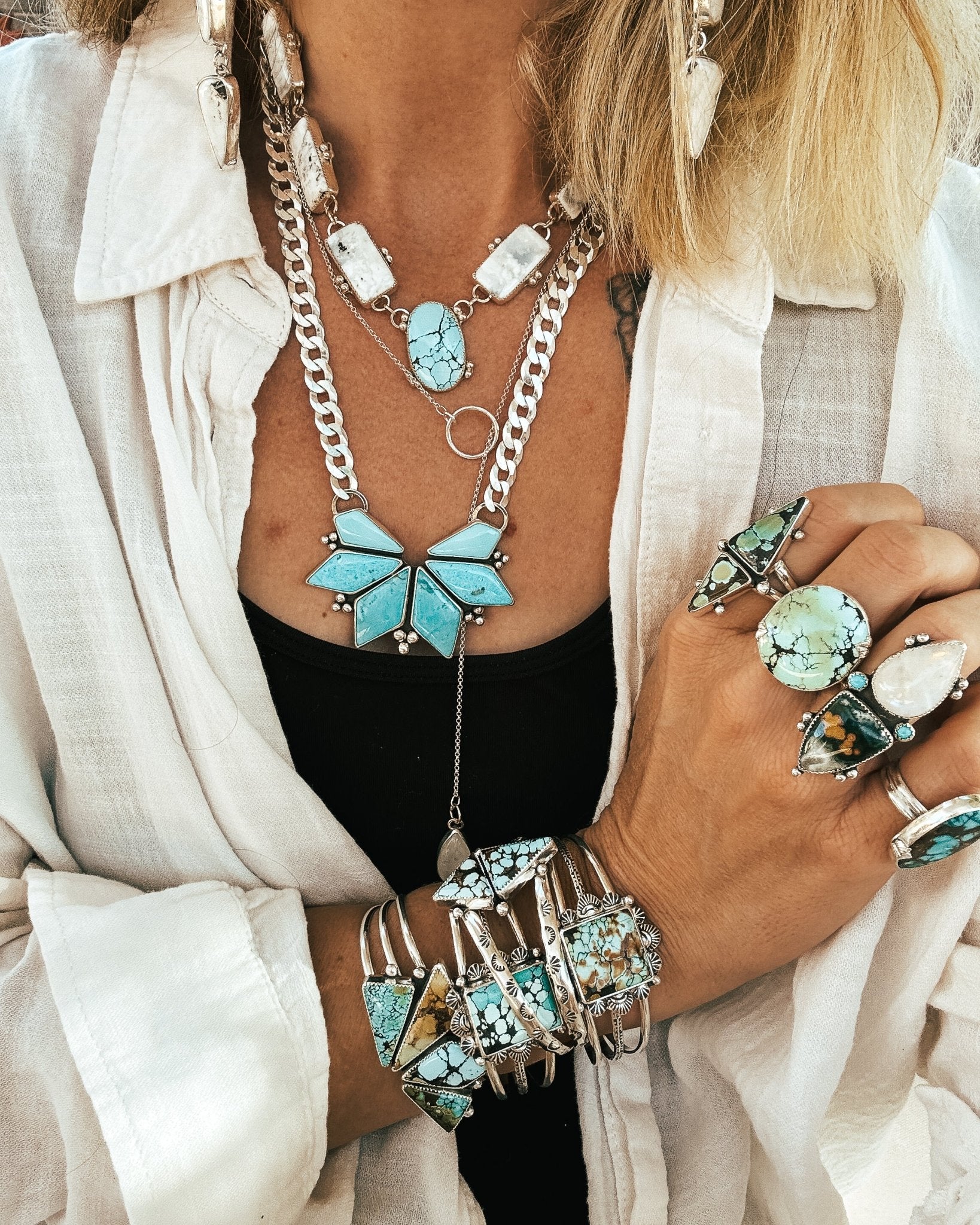 Statement Necklace in Campitos Turquoise - Golden Road Crafted