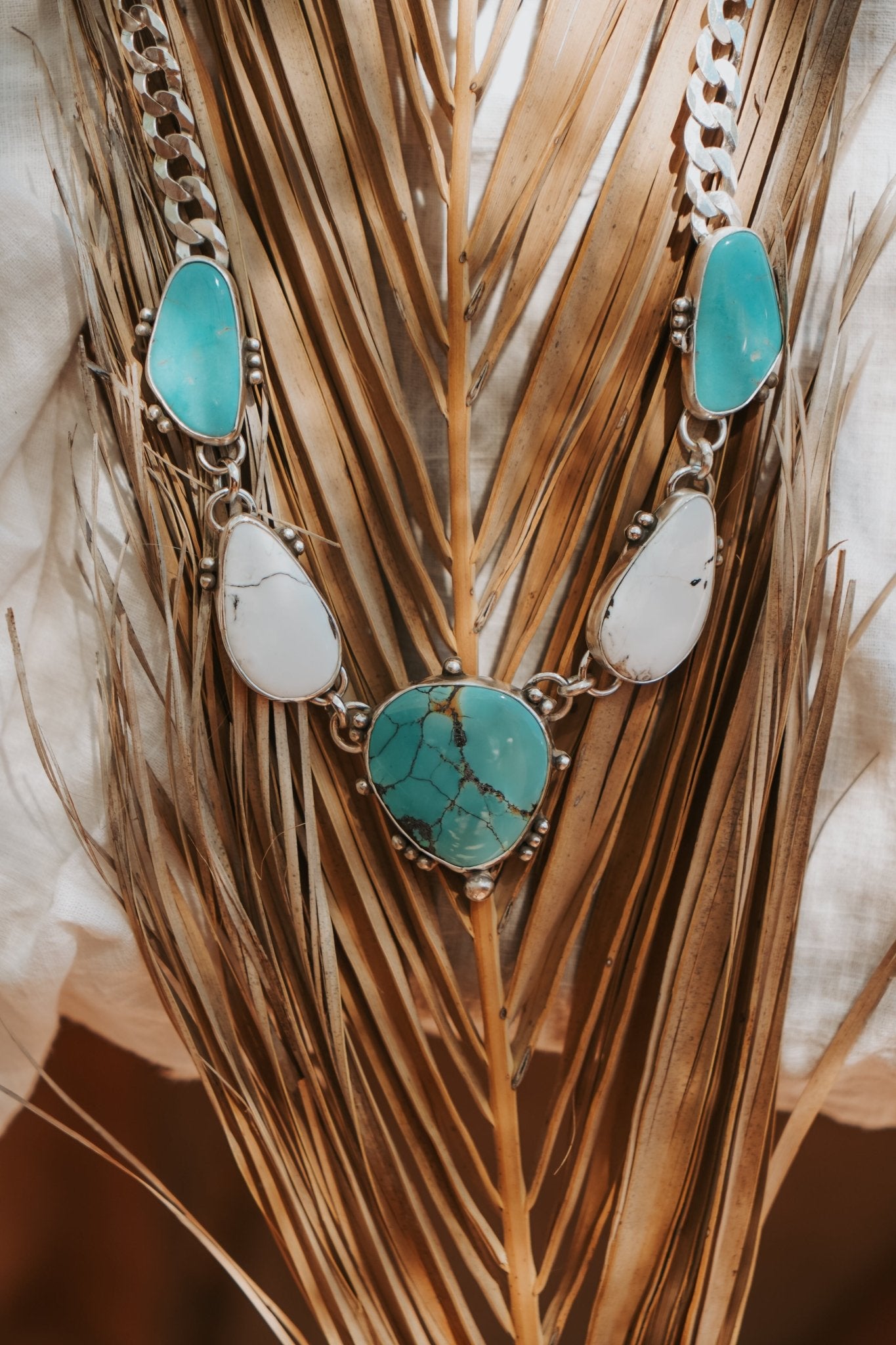 Statement Necklace in White Buffalo, Hubei, & Campitos Turquoise - Golden Road Crafted