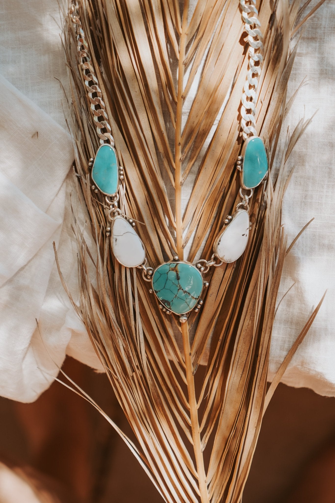 Statement Necklace in White Buffalo, Hubei, & Campitos Turquoise - Golden Road Crafted