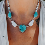 Statement Necklace in White Buffalo, Hubei, & Campitos Turquoise - Golden Road Crafted