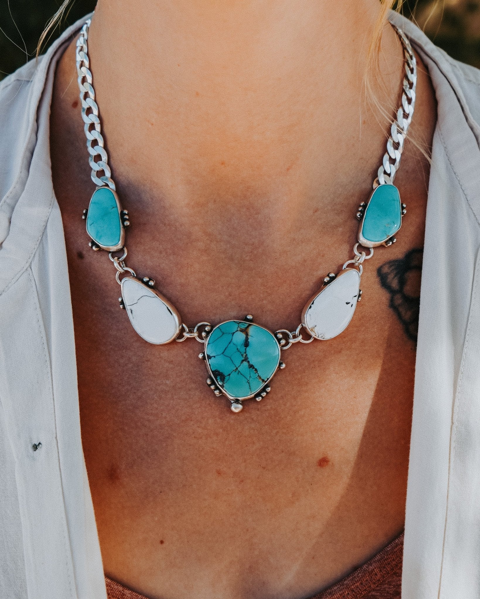 Statement Necklace in White Buffalo, Hubei, & Campitos Turquoise - Golden Road Crafted