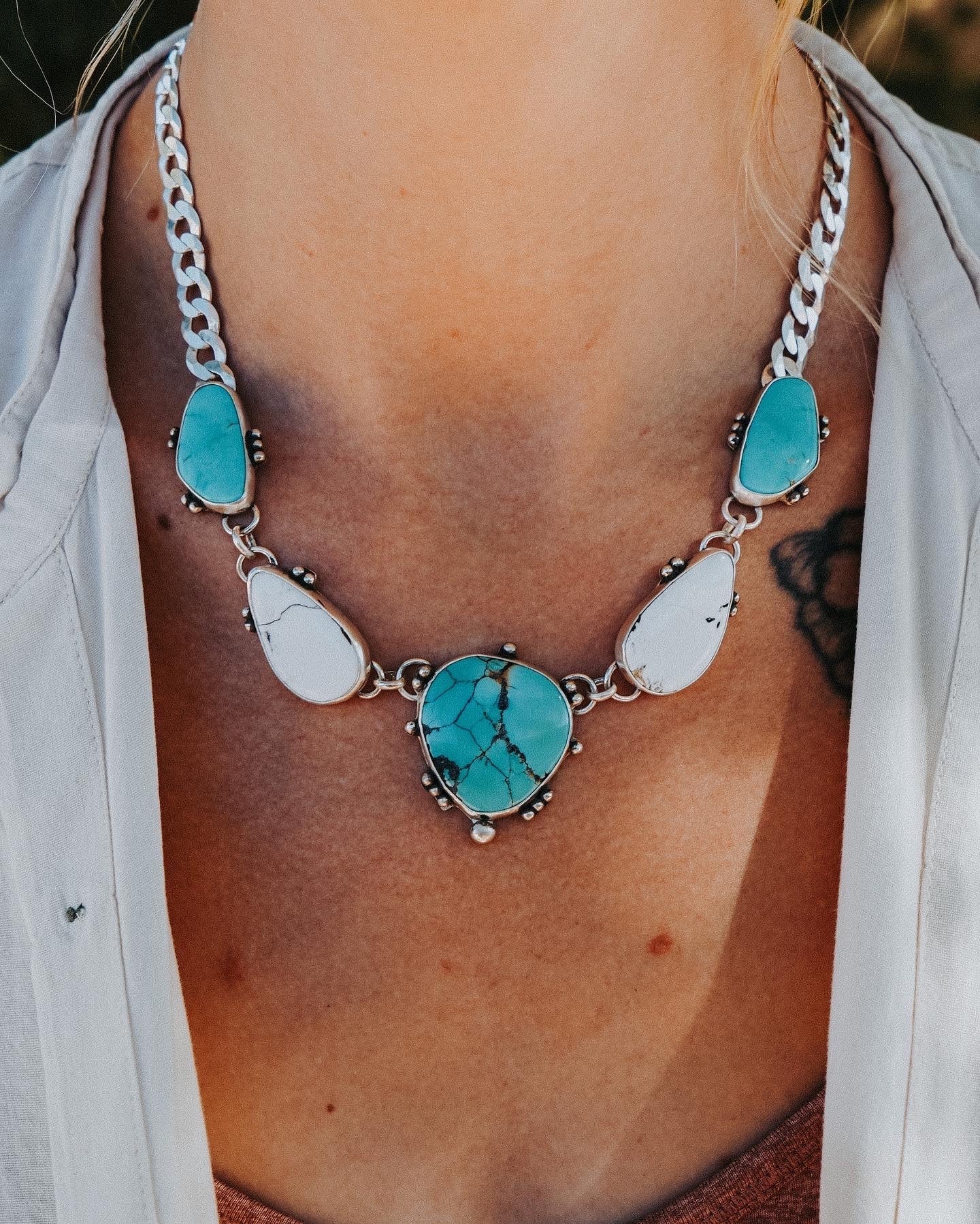Statement Necklace in White Buffalo, Hubei, & Campitos Turquoise - Golden Road Crafted