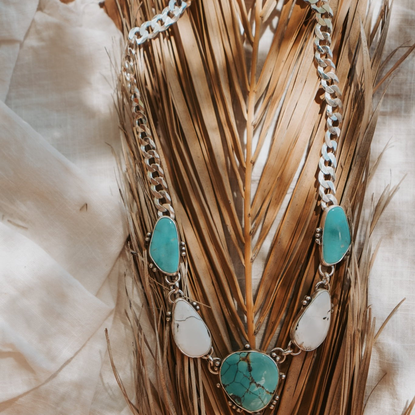 Statement Necklace in White Buffalo, Hubei, & Campitos Turquoise - Golden Road Crafted