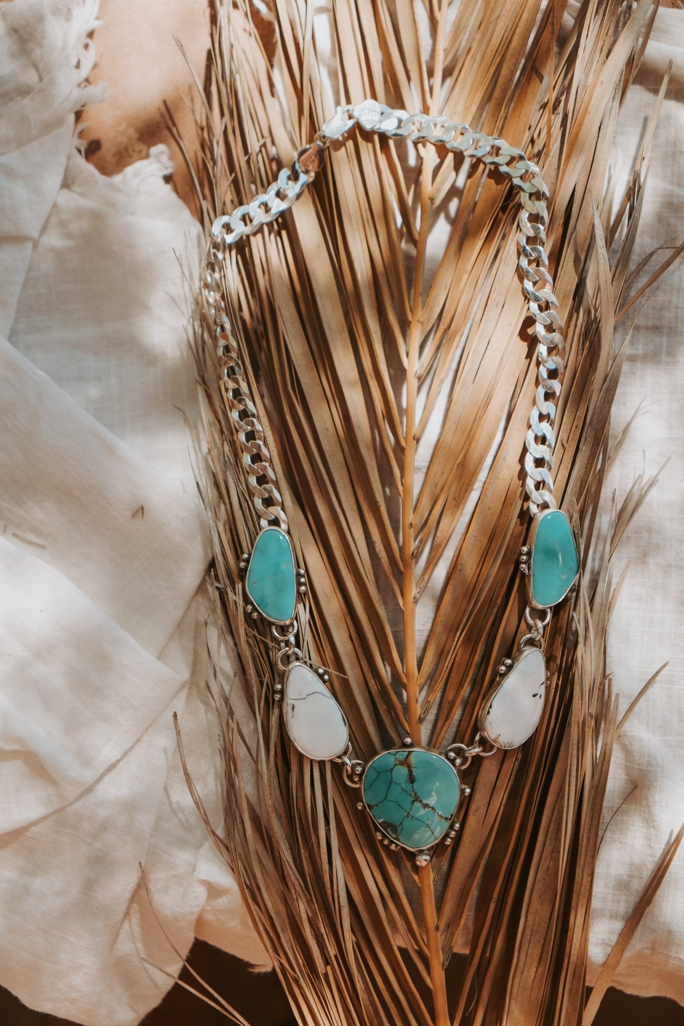 Statement Necklace in White Buffalo, Hubei, & Campitos Turquoise - Golden Road Crafted